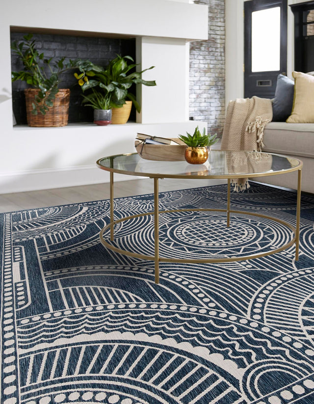 Blue 10' x 10' Outdoor Traditional Square Area Rug Weather Resistant for Patio, Deck, Terrace, Balcony, Porch Classical Design Outside Carpet for Sale at Rug Engine