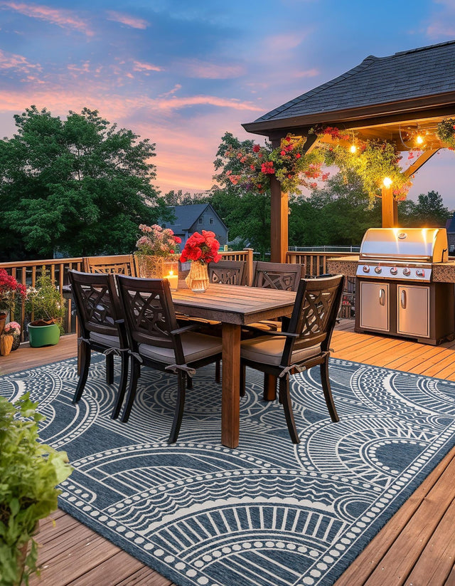 Blue 7' 10 x 7' 10 Outdoor Traditional Square Area Rug Weather Resistant for Patio, Deck, Terrace, Balcony, Porch Classical Design Outside Carpet for Sale at Rug Engine