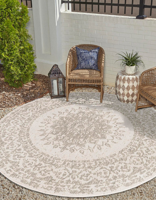 Gray 10' x 10' Outdoor Traditional Round Area Rug Weather Resistant for Patio, Deck, Terrace, Balcony, Porch Classical Design Outside Carpet for Sale at Rug Engine