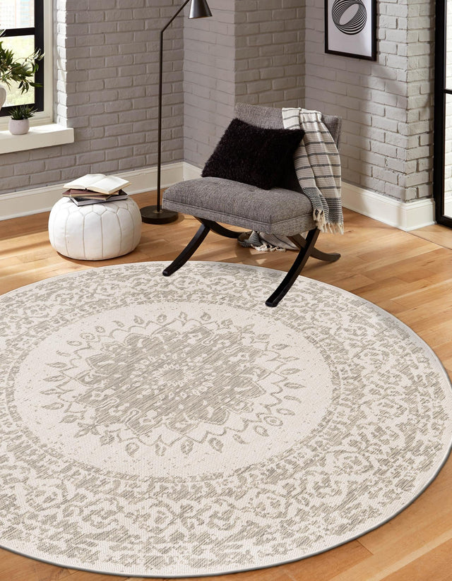 Gray 10' x 10' Outdoor Traditional Round Area Rug Weather Resistant for Patio, Deck, Terrace, Balcony, Porch Classical Design Outside Carpet for Sale at Rug Engine