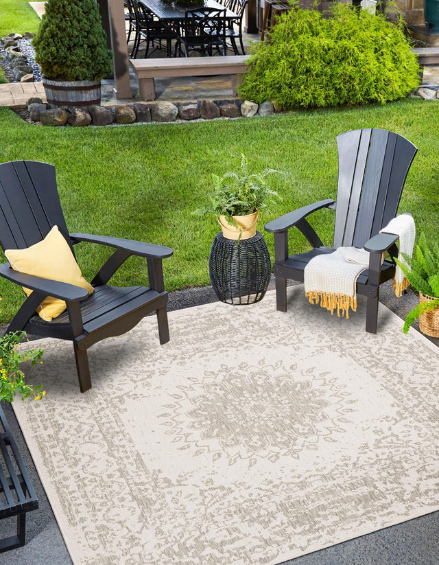 Gray 10' x 10' Outdoor Traditional Square Area Rug Weather Resistant for Patio, Deck, Terrace, Balcony, Porch Classical Design Outside Carpet for Sale at Rug Engine