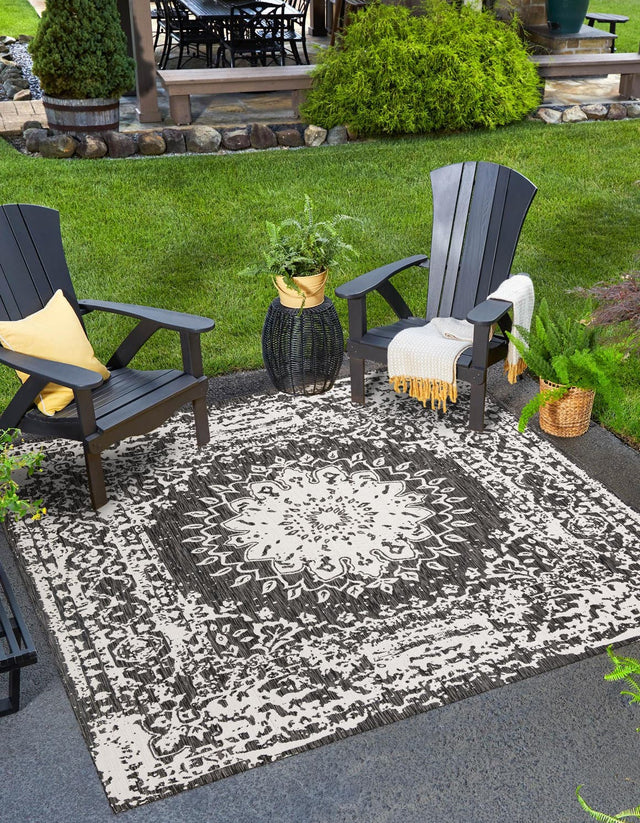 Black and White 7' 10 x 7' 10 Outdoor Traditional Square Area Rug Weather Resistant for Patio, Deck, Terrace, Balcony, Porch Classical Design Outside Carpet for Sale at Rug Engine