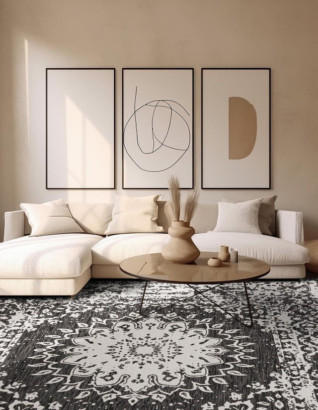 Black and White 7' 10 x 7' 10 Outdoor Traditional Square Area Rug Weather Resistant for Patio, Deck, Terrace, Balcony, Porch Classical Design Outside Carpet for Sale at Rug Engine