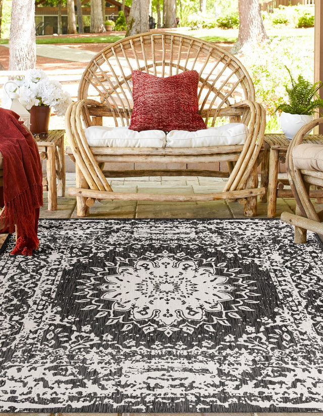 Black and White 12' x 12' Outdoor Traditional Square Area Rug Weather Resistant for Patio, Deck, Terrace, Balcony, Porch Classical Design Outside Carpet for Sale at Rug Engine