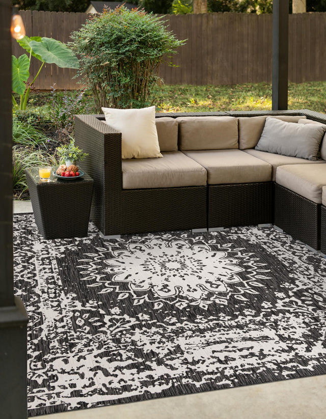 Black and White 7' 10 x 7' 10 Outdoor Traditional Square Area Rug Weather Resistant for Patio, Deck, Terrace, Balcony, Porch Classical Design Outside Carpet for Sale at Rug Engine