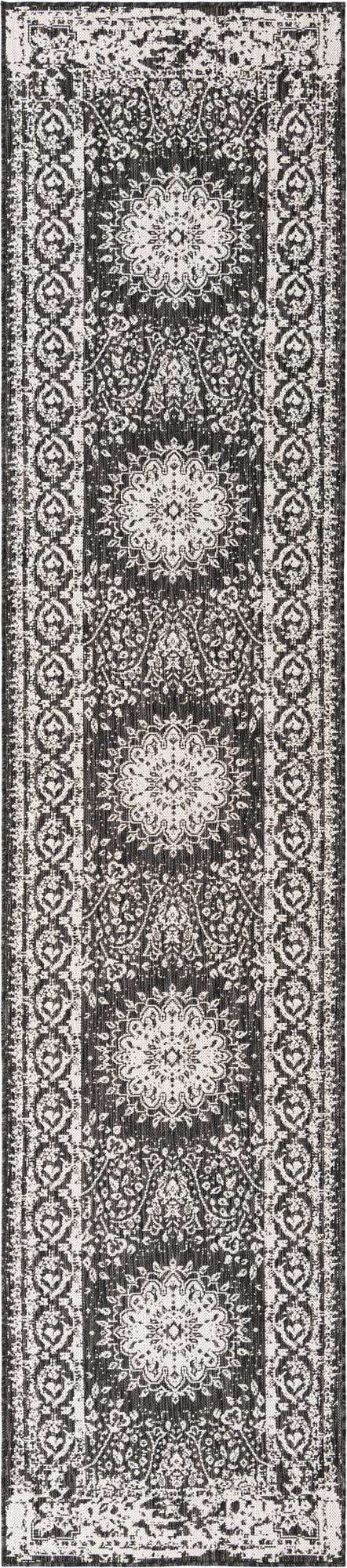 Black and White 2' 7 x 12' Outdoor Traditional Runner Area Rug Weather Resistant for Patio, Deck, Terrace, Balcony, Porch Classical Design Outside Carpet for Sale at Rug Engine