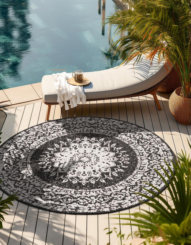 Black and White 7' 10 x 7' 10 Outdoor Traditional Round Area Rug Weather Resistant for Patio, Deck, Terrace, Balcony, Porch Classical Design Outside Carpet for Sale at Rug Engine