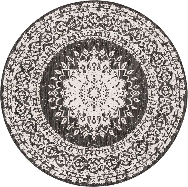 Black and White 6' 1 x 6' 1 Outdoor Traditional Round Area Rug Weather Resistant for Patio, Deck, Terrace, Balcony, Porch Classical Design Outside Carpet for Sale at Rug Engine
