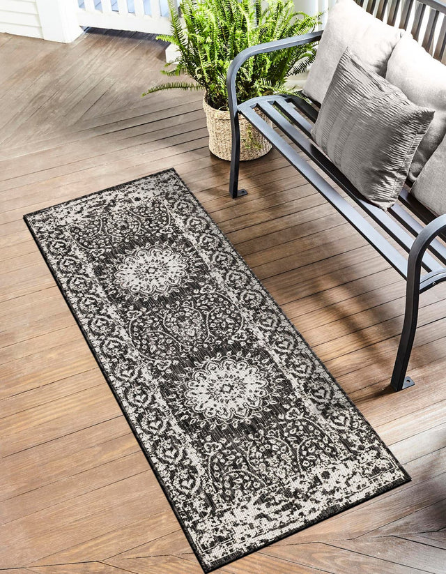 Black and White 2' x 8' Outdoor Traditional Runner Area Rug Weather Resistant for Patio, Deck, Terrace, Balcony, Porch Classical Design Outside Carpet for Sale at Rug Engine