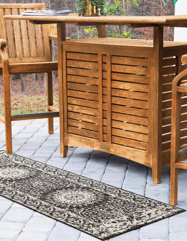 Black and White 2' x 6' 1 Outdoor Traditional Runner Area Rug Weather Resistant for Patio, Deck, Terrace, Balcony, Porch Classical Design Outside Carpet for Sale at Rug Engine