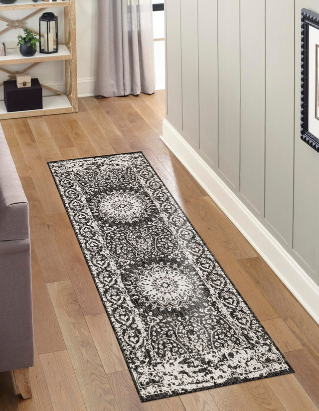 Black and White 2' x 6' 1 Outdoor Traditional Runner Area Rug Weather Resistant for Patio, Deck, Terrace, Balcony, Porch Classical Design Outside Carpet for Sale at Rug Engine