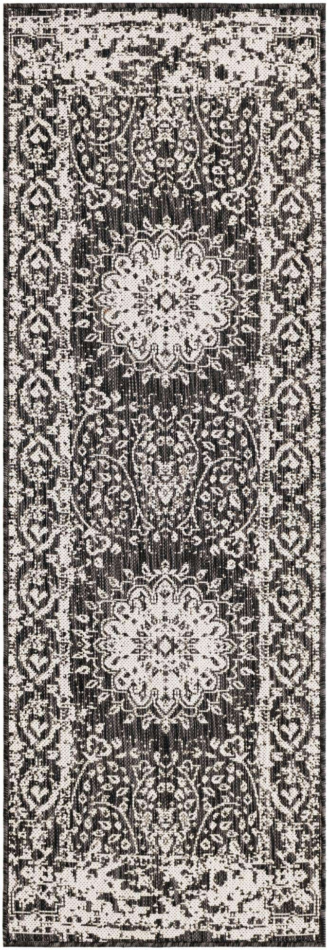 Black and White 2' x 6' 1 Outdoor Traditional Runner Area Rug Weather Resistant for Patio, Deck, Terrace, Balcony, Porch Classical Design Outside Carpet for Sale at Rug Engine