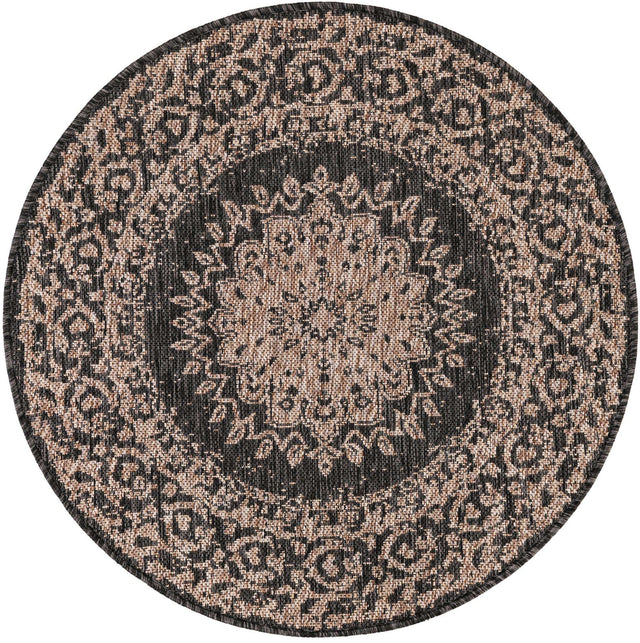Black 3' 1 x 3' 1 Outdoor Traditional Round Area Rug Weather Resistant for Patio, Deck, Terrace, Balcony, Porch Classical Design Outside Carpet for Sale at Rug Engine