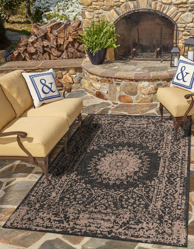 Black 9' x 12' Outdoor Traditional Rectangle Area Rug Weather Resistant for Patio, Deck, Terrace, Balcony, Porch Classical Design Outside Carpet for Sale at Rug Engine