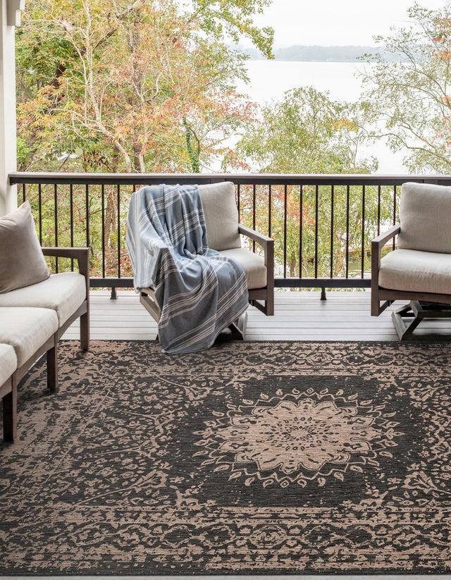 Black 9' x 12' Outdoor Traditional Rectangle Area Rug Weather Resistant for Patio, Deck, Terrace, Balcony, Porch Classical Design Outside Carpet for Sale at Rug Engine