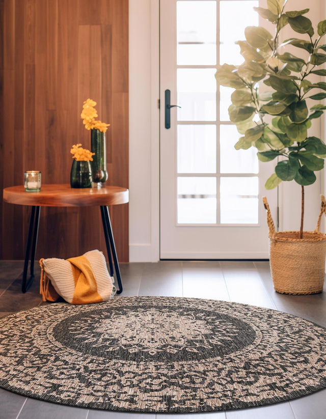 Black 12' x 12' Outdoor Traditional Round Area Rug Weather Resistant for Patio, Deck, Terrace, Balcony, Porch Classical Design Outside Carpet for Sale at Rug Engine