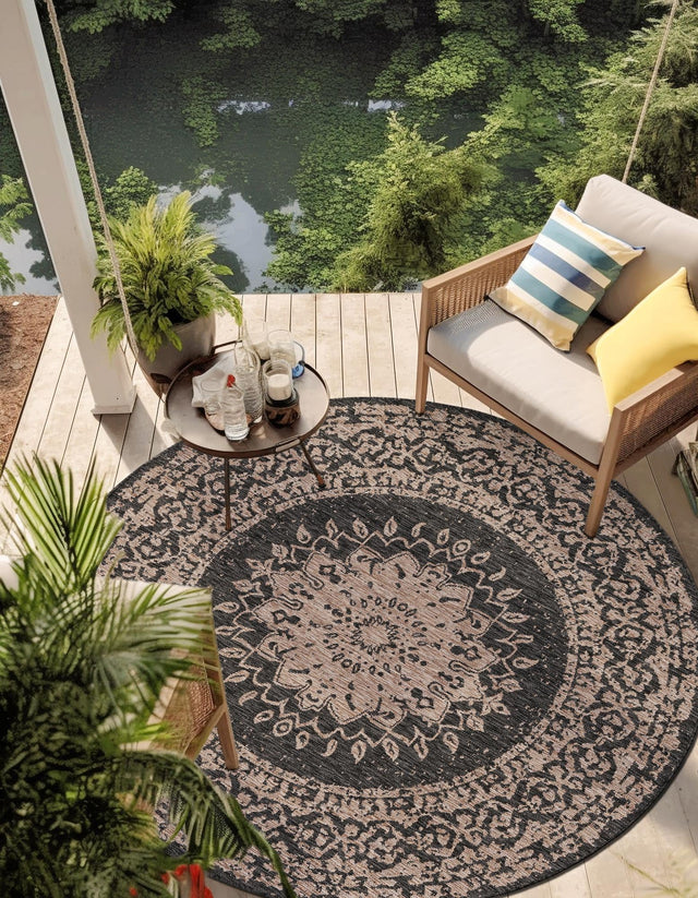 Black 12' x 12' Outdoor Traditional Round Area Rug Weather Resistant for Patio, Deck, Terrace, Balcony, Porch Classical Design Outside Carpet for Sale at Rug Engine