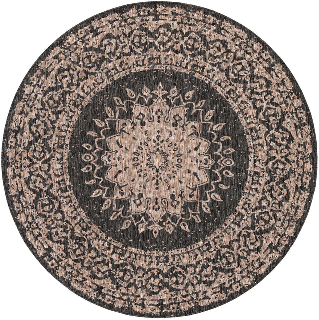 Black 6' 1 x 6' 1 Outdoor Traditional Round Area Rug Weather Resistant for Patio, Deck, Terrace, Balcony, Porch Classical Design Outside Carpet for Sale at Rug Engine