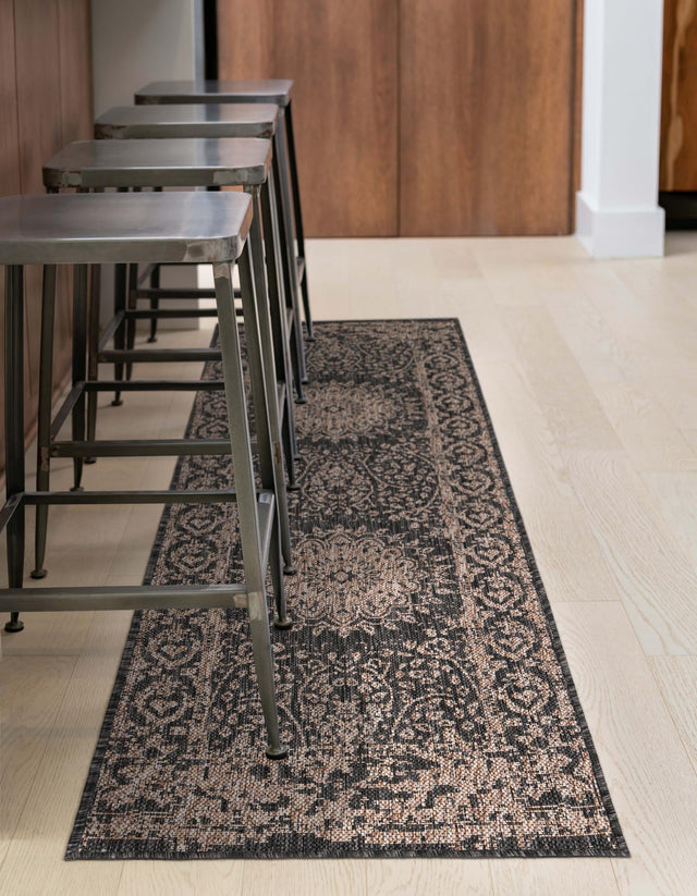 Black 2' x 6' 1 Outdoor Traditional Runner Area Rug Weather Resistant for Patio, Deck, Terrace, Balcony, Porch Classical Design Outside Carpet for Sale at Rug Engine