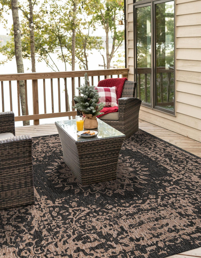 Black 12' x 12' Outdoor Traditional Square Area Rug Weather Resistant for Patio, Deck, Terrace, Balcony, Porch Classical Design Outside Carpet for Sale at Rug Engine