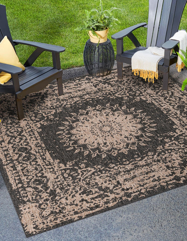 Black 10' x 10' Outdoor Traditional Square Area Rug Weather Resistant for Patio, Deck, Terrace, Balcony, Porch Classical Design Outside Carpet for Sale at Rug Engine