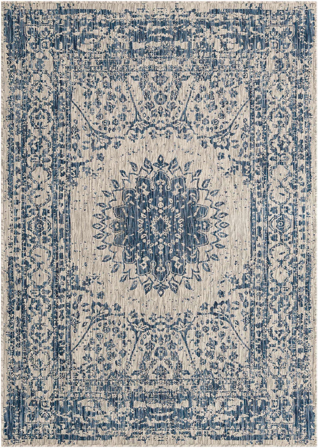 Blue 5' 3 x 7' 1 Outdoor Traditional Rectangle Area Rug Weather Resistant for Patio, Deck, Terrace, Balcony, Porch Classical Design Outside Carpet for Sale at Rug Engine