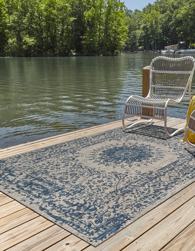Blue 10' x 14' 1 Outdoor Traditional Rectangle Area Rug Weather Resistant for Patio, Deck, Terrace, Balcony, Porch Classical Design Outside Carpet for Sale at Rug Engine