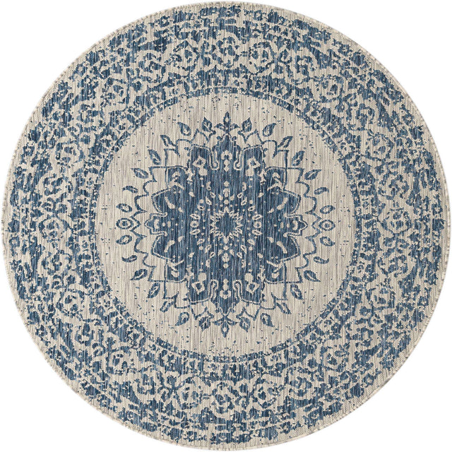 Blue 6' 1 x 6' 1 Outdoor Traditional Round Area Rug Weather Resistant for Patio, Deck, Terrace, Balcony, Porch Classical Design Outside Carpet for Sale at Rug Engine
