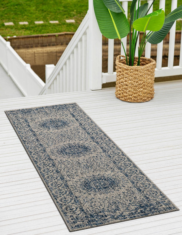 Blue 2' x 8' Outdoor Traditional Runner Area Rug Weather Resistant for Patio, Deck, Terrace, Balcony, Porch Classical Design Outside Carpet for Sale at Rug Engine