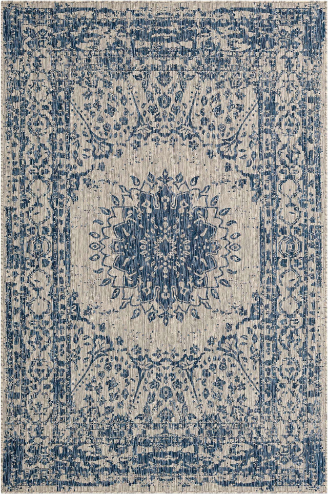 Blue 6' 1 x 9' Outdoor Traditional Rectangle Area Rug Weather Resistant for Patio, Deck, Terrace, Balcony, Porch Classical Design Outside Carpet for Sale at Rug Engine