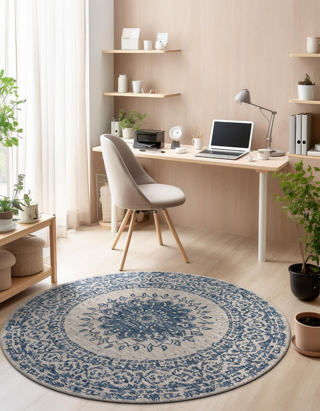 Blue 6' 1 x 6' 1 Outdoor Traditional Round Area Rug Weather Resistant for Patio, Deck, Terrace, Balcony, Porch Classical Design Outside Carpet for Sale at Rug Engine
