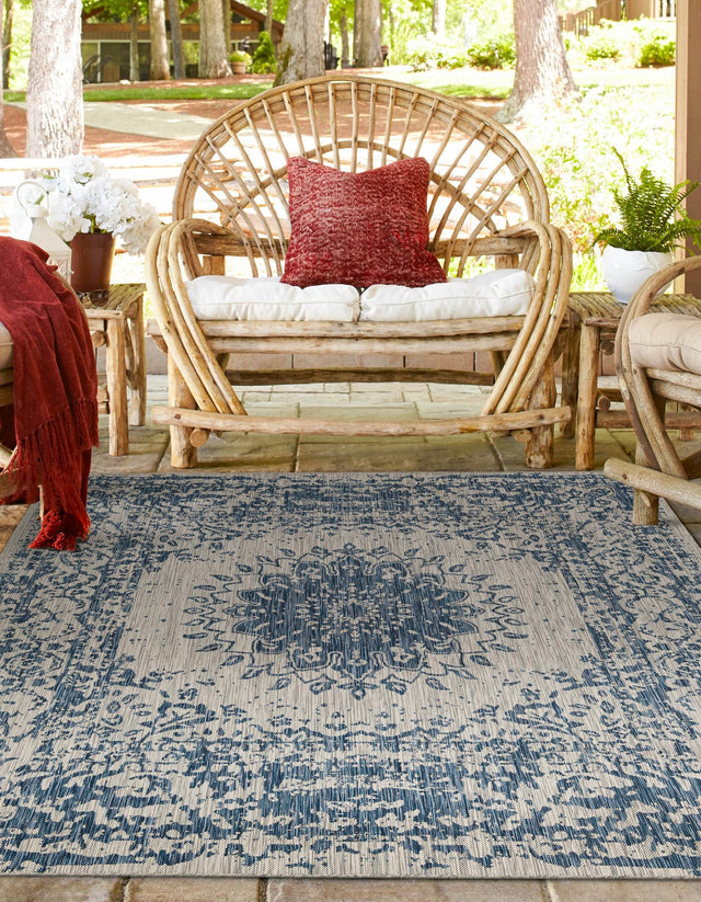 Blue 7' 10 x 7' 10 Outdoor Traditional Square Area Rug Weather Resistant for Patio, Deck, Terrace, Balcony, Porch Classical Design Outside Carpet for Sale at Rug Engine