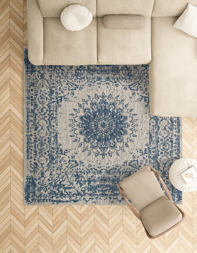 Blue 12' x 12' Outdoor Traditional Square Area Rug Weather Resistant for Patio, Deck, Terrace, Balcony, Porch Classical Design Outside Carpet for Sale at Rug Engine