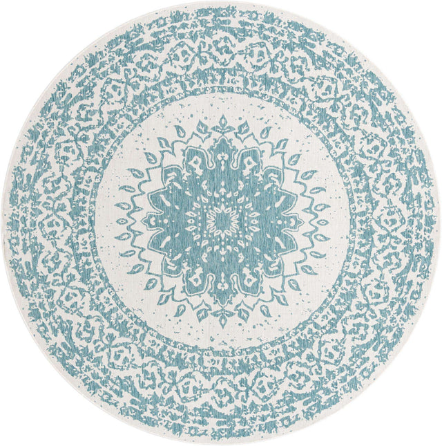 Aqua 10' x 10' Outdoor Traditional Round Area Rug Weather Resistant for Patio, Deck, Terrace, Balcony, Porch Classical Design Outside Carpet for Sale at Rug Engine