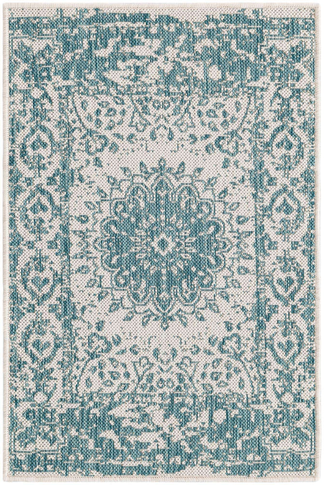 Aqua 2' x 3' 1 Outdoor Traditional Rectangle Area Rug Weather Resistant for Patio, Deck, Terrace, Balcony, Porch Classical Design Outside Carpet for Sale at Rug Engine