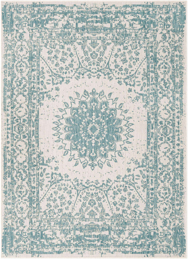 Aqua 5' 3 x 7' 1 Outdoor Traditional Rectangle Area Rug Weather Resistant for Patio, Deck, Terrace, Balcony, Porch Classical Design Outside Carpet for Sale at Rug Engine