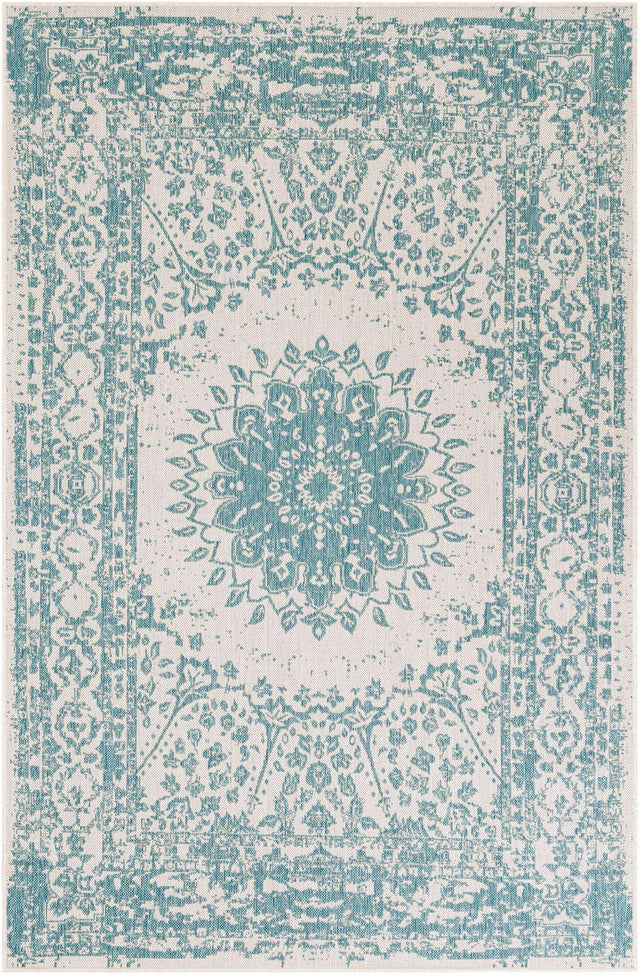 Aqua 5' 3 x 8' Outdoor Traditional Rectangle Area Rug Weather Resistant for Patio, Deck, Terrace, Balcony, Porch Classical Design Outside Carpet for Sale at Rug Engine