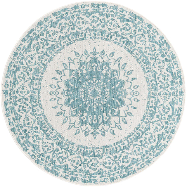 Aqua 6' 1 x 6' 1 Outdoor Traditional Round Area Rug Weather Resistant for Patio, Deck, Terrace, Balcony, Porch Classical Design Outside Carpet for Sale at Rug Engine