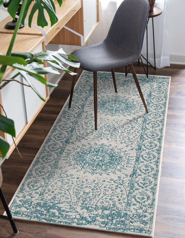 Aqua 2' x 6' 1 Outdoor Traditional Runner Area Rug Weather Resistant for Patio, Deck, Terrace, Balcony, Porch Classical Design Outside Carpet for Sale at Rug Engine