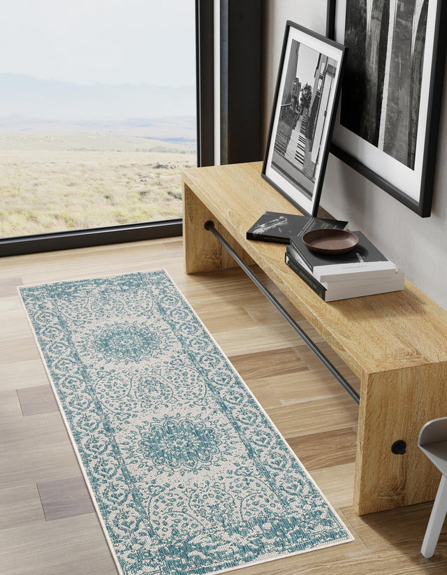 Aqua 2' x 4' 1 Outdoor Traditional Runner Area Rug Weather Resistant for Patio, Deck, Terrace, Balcony, Porch Classical Design Outside Carpet for Sale at Rug Engine