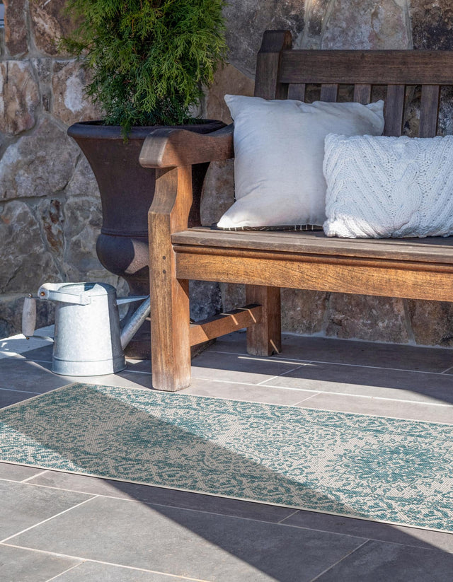 Aqua 2' x 6' 1 Outdoor Traditional Runner Area Rug Weather Resistant for Patio, Deck, Terrace, Balcony, Porch Classical Design Outside Carpet for Sale at Rug Engine