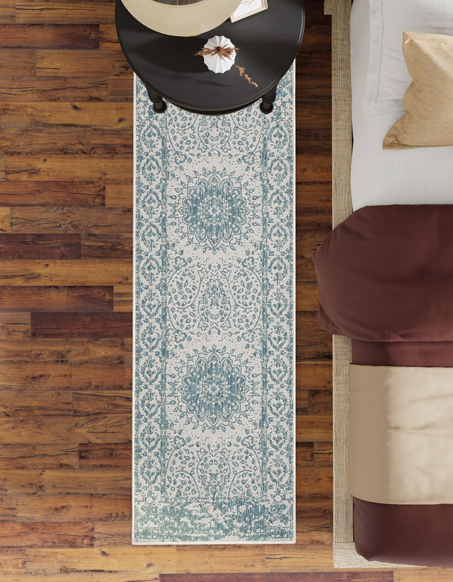 Aqua 2' x 4' 1 Outdoor Traditional Runner Area Rug Weather Resistant for Patio, Deck, Terrace, Balcony, Porch Classical Design Outside Carpet for Sale at Rug Engine