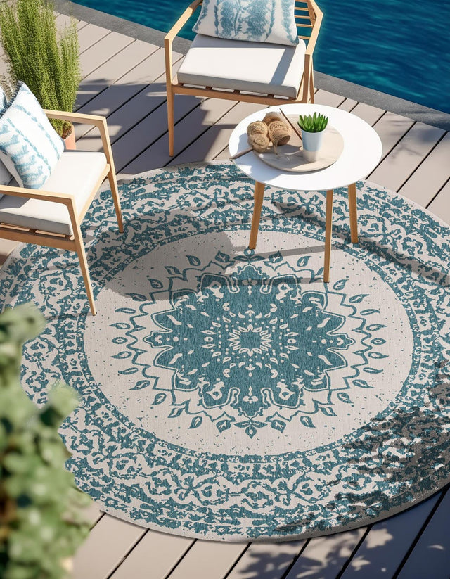 Aqua 10' x 10' Outdoor Traditional Round Area Rug Weather Resistant for Patio, Deck, Terrace, Balcony, Porch Classical Design Outside Carpet for Sale at Rug Engine
