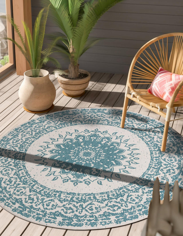 Aqua 10' x 10' Outdoor Traditional Round Area Rug Weather Resistant for Patio, Deck, Terrace, Balcony, Porch Classical Design Outside Carpet for Sale at Rug Engine