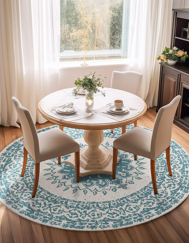 Aqua 10' x 10' Outdoor Traditional Round Area Rug Weather Resistant for Patio, Deck, Terrace, Balcony, Porch Classical Design Outside Carpet for Sale at Rug Engine