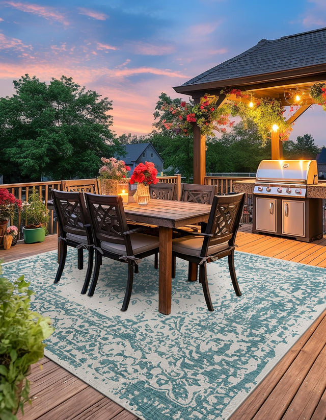 Aqua 12' x 12' Outdoor Traditional Square Area Rug Weather Resistant for Patio, Deck, Terrace, Balcony, Porch Classical Design Outside Carpet for Sale at Rug Engine