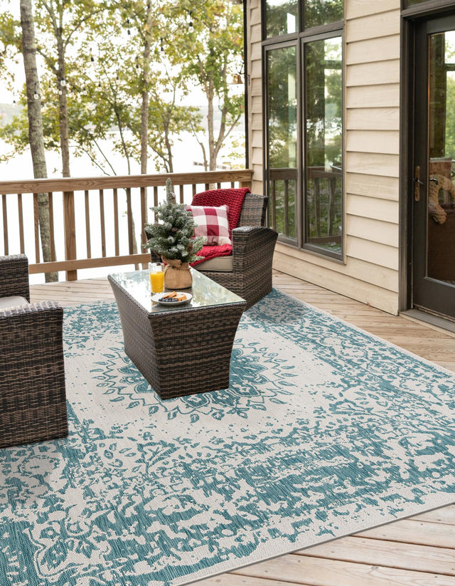 Aqua 12' x 12' Outdoor Traditional Square Area Rug Weather Resistant for Patio, Deck, Terrace, Balcony, Porch Classical Design Outside Carpet for Sale at Rug Engine