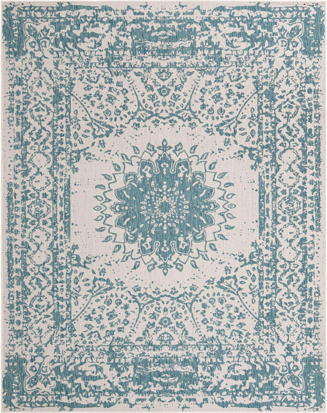 Aqua 7' 10 x 10' Outdoor Traditional Rectangle Area Rug Weather Resistant for Patio, Deck, Terrace, Balcony, Porch Classical Design Outside Carpet for Sale at Rug Engine