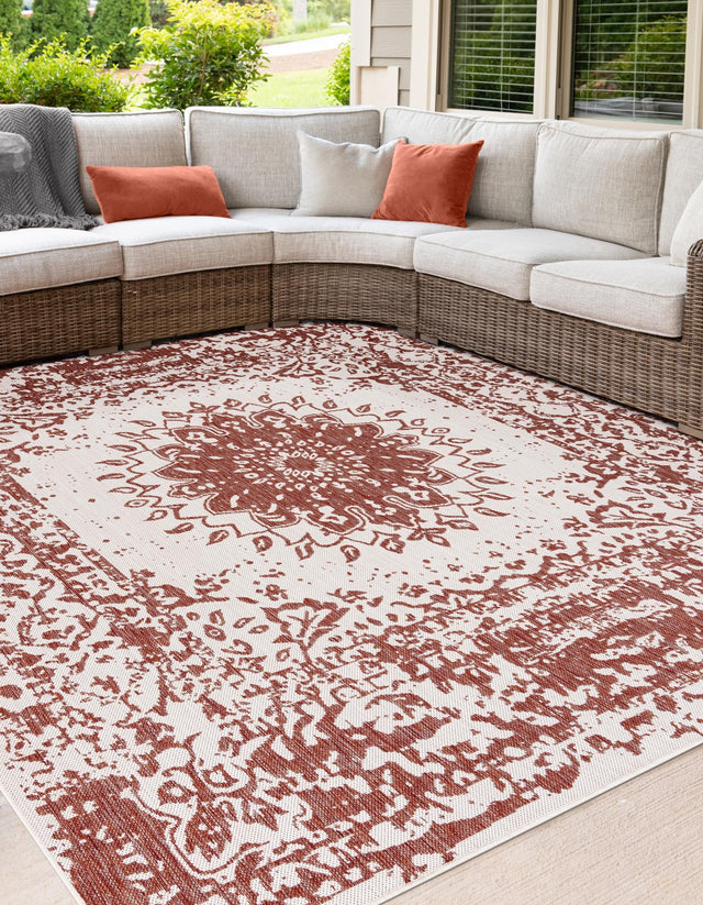 Rust Red 7' 10 x 7' 10 Outdoor Traditional Square Area Rug Weather Resistant for Patio, Deck, Terrace, Balcony, Porch Classical Design Outside Carpet for Sale at Rug Engine