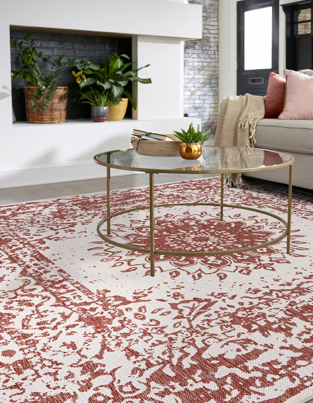 Rust Red 7' 10 x 7' 10 Outdoor Traditional Square Area Rug Weather Resistant for Patio, Deck, Terrace, Balcony, Porch Classical Design Outside Carpet for Sale at Rug Engine